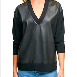 DKNY V-Neck Faux-Leather Knit Top in size XL